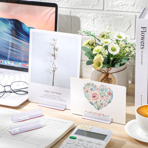 30 Pack 3x1 Inch Sneeze Guard Gripper Sign Holders With Adhesive For Desks, Shop Floor Displays, Wall Mounts, Store Vendor Events, Warehouse, Clear Great For Counters, Displays And Shelves On The Shop Floor holding cards on a desk