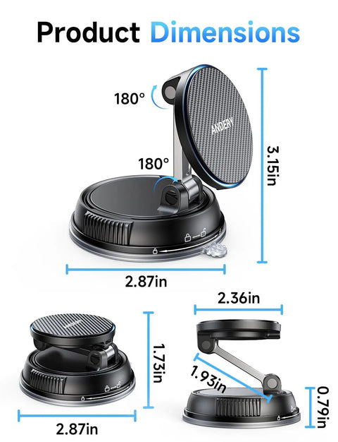 Dimensions and angles of the MagSafe Car Mount Charger for iPhone with 15W Fast Wireless Charging, showing 360-degree rotation.