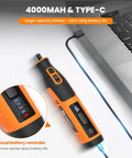 Killer Cordless Rotary Tool Kit Packing Eighty Heavy Duty Bits For Carving Grinding Sanding And Etching At Blazing Speeds Up To Twenty Eight Thousand Rpm, showing 4000mAh battery and charging indicator.