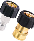 Close-up Heliwoo pressure washer adapter pair with M22 14mm to 3/8 in quick-connect fittings; black knurled caps and brass/gold and silver bodies.