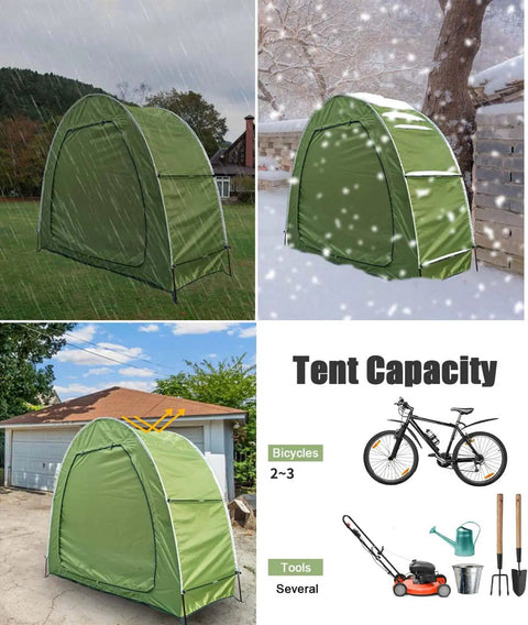 Outdoor Bike Shelter For Two Bikes Made With 210D Oxford Fabric PU4000 Waterproof Coating And Reinforced With Fiberglass Rods in rain, snow, and sun