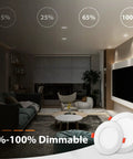Living room with Six Pack 4 Inch Dimmable LED Recessed Downlights, showing dimming levels from 5% to 100% with minimal glare.