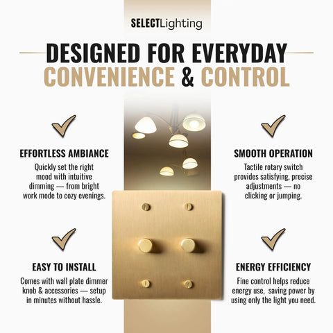 Solid Brass Rotary Dimmer Switch Smoother Than Butter Rotation Sleek Satin Finish For Home Decor with wall plate and lighting.