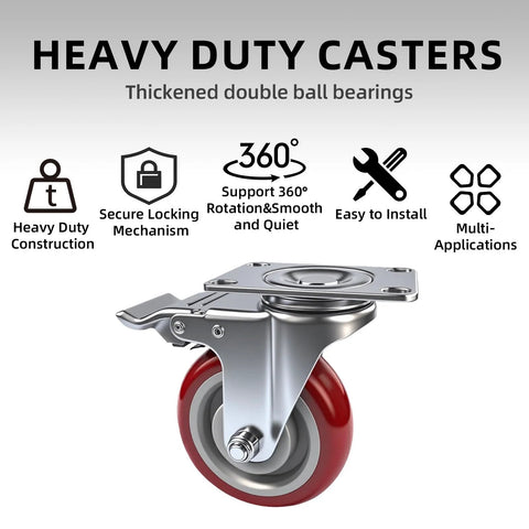 4 Inch Heavy Duty Swivel Caster Wheels Set Of 4 With Brakes And Locks For Furniture Tables Carts And Workbenches 360 Degree Rotation Lockable Plate Caster Wheels Includes Screws Load Capacity 2200lbs, front view.