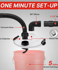 Dust Collector For 5 Gallon Buckets With 2.5 Inch Hose, Elbow Fittings And Metal Filter Included, diagram showing setup.