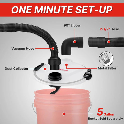 Dust Collector For 5 Gallon Buckets With 2.5 Inch Hose, Elbow Fittings And Metal Filter Included, diagram showing setup.