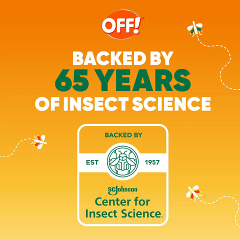 Graphic showing OFF! backed by 65 years of insect science text, with SC Johnson Center for Insect Science logo and flying insects.