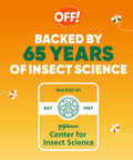 Orange graphic indicating 65 years of insect science, with flying bugs around the text promoting SC Johnson Center for Insect Science.