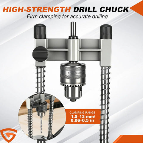 Drill Guide Stand For Cordless Drills And More Portable Drill Press Attachment with metal chuck and adjustable clamping range