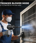 Person using Electric Air Duster With Led Light Cordless Rechargeable 130000 RPM Blower on a ventilator for dust removal.
