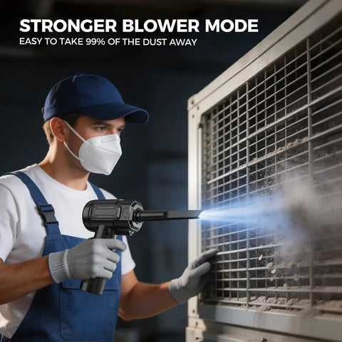 Person using Electric Air Duster With Led Light Cordless Rechargeable 130000 RPM Blower on a ventilator for dust removal.