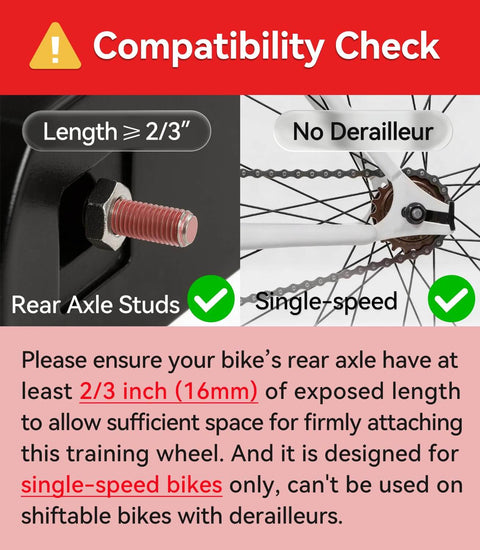 Compatibility check for Built Tough Kids Bike Training Wheels For 12 To 20 Inch Bicycles, showing axle stud and single-speed setup.