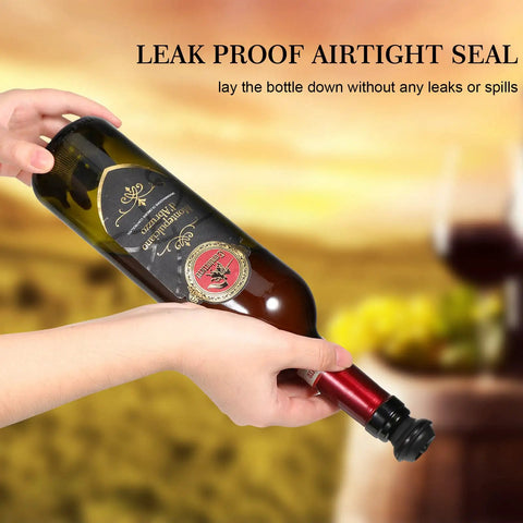 Person holding wine bottle with leak-proof seal from 24 Piece Wine Stopper Set With Vacuum Pump And Silicone Saver Keeps Wine Fresh Sealed