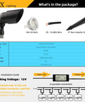Diagram of Six Pack 12V 5W LED Landscape Lights package contents, including spotlight, bulb, wire, and stake; installation guide shown.