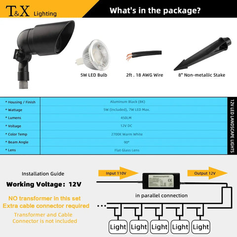 Diagram of Six Pack 12V 5W LED Landscape Lights package contents, including spotlight, bulb, wire, and stake; installation guide shown.