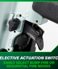 Close-up of selective actuation switch on Pro Grade Coil Siding Nailer for sheathing decking and fencing with 15 degree plastic collated nails