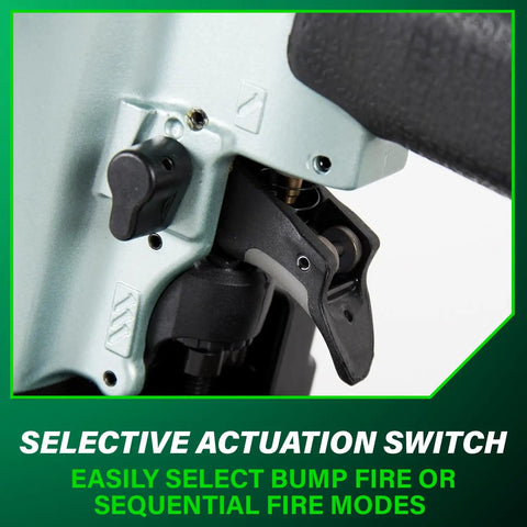 Close-up of selective actuation switch on Pro Grade Coil Siding Nailer for sheathing decking and fencing with 15 degree plastic collated nails