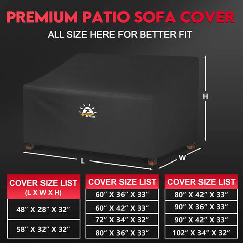 Illustration of Beefed Up 600D Waterproof Patio Sofa Cover for 80 Inch Outdoor Couches with size dimensions and fit guide