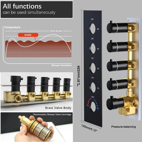 Matte Black Dual Shower Valve System With Thermostatic Temperature Control showing brass valve body and control panel.