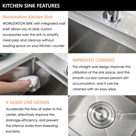 Close-up view of 15 Inch Drop In Bar Sink Stainless Steel 16 Gauge Single Bowl Workstation Wet Prep Sink with integrated features.
