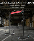 1 Ton Gantry Crane With Chain Hoist, Adjustable Height From Eight To Twelve Feet, 2200 LB Capacity, Locking Casters, shown in an industrial setting.