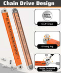Zero Degree Offset Extension Wrench For Tight Spaces Three Eighths Inch Drive Socket Extender With Square Adapters, showing 53 ft-lb torque, orange flat steel design and adapter attachments.
