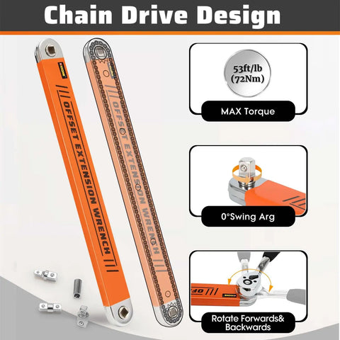 Zero Degree Offset Extension Wrench For Tight Spaces Three Eighths Inch Drive Socket Extender With Square Adapters, showing 53 ft-lb torque, orange flat steel design and adapter attachments.