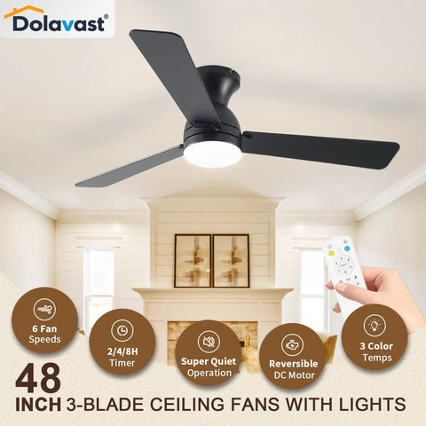 Low Profile 48 Inch Ceiling Fan With Lights And Remote Control Flush Mount Dope Sleek Black Finish Reversible Blades 3CCT