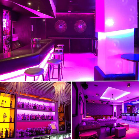 Nightclub interior with 20Ft LED Black Light Strip Kit With 360 LEDs 12V Flexible Ultraviolet Light illuminating bar area