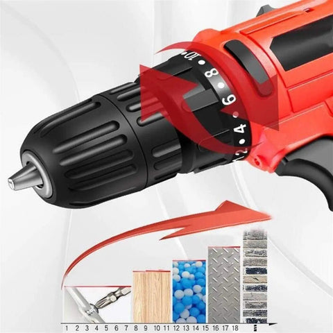 Close-up of the three jaw chuck and speed control dial for the Cordless Electric Drill With Rechargeable Lithium Battery And 75 Piece Toolbox Set.