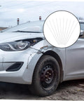 Damaged car bumper with overlay of 10 Pcs Car Bumper Welding Rods for Quick Bumper Repairs, DIY Friendly Pro Grade Durable PP Material Sticks.