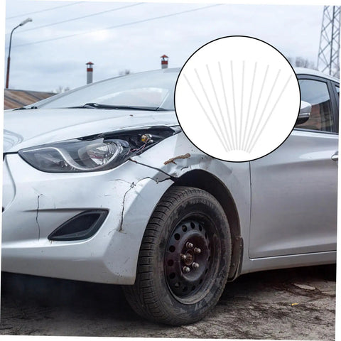 Damaged car bumper with overlay of 10 Pcs Car Bumper Welding Rods for Quick Bumper Repairs, DIY Friendly Pro Grade Durable PP Material Sticks.