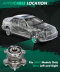 Rear Left And Right Wheel Bearing And Hub Assembly 512373 For Nissan Juke 2011 2017 And Nissan Rogue 2008 2020 AWD Without ABS Replacement Fits 1.6L 2.0L And 2.5L Engines Beefed Up Premium OEM Grade Durable Hub Assembly visible with transparent car overlay