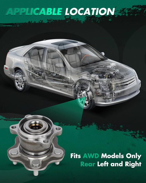 Rear Left And Right Wheel Bearing And Hub Assembly 512373 For Nissan Juke 2011 2017 And Nissan Rogue 2008 2020 AWD Without ABS Replacement Fits 1.6L 2.0L And 2.5L Engines Beefed Up Premium OEM Grade Durable Hub Assembly visible with transparent car overlay