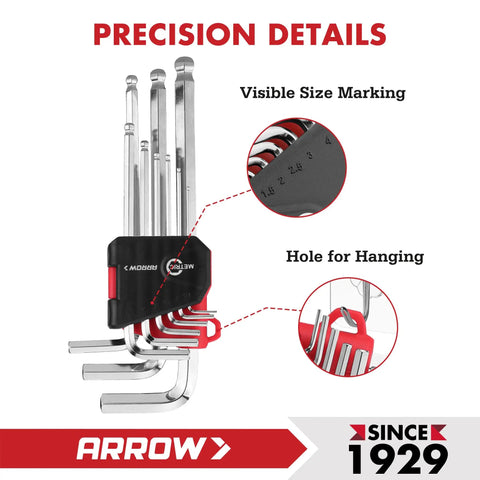 Close-up of 18 Piece Allen Wrench Set with Ball End for bike, furniture, and electrical repairs showing size markings and hanging hole.