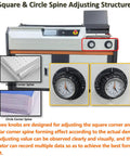 Auto Book Binding Machine A4 With 7 Inch Touch Screen Side Glued Binder showing spine adjusting knobs and corner spines