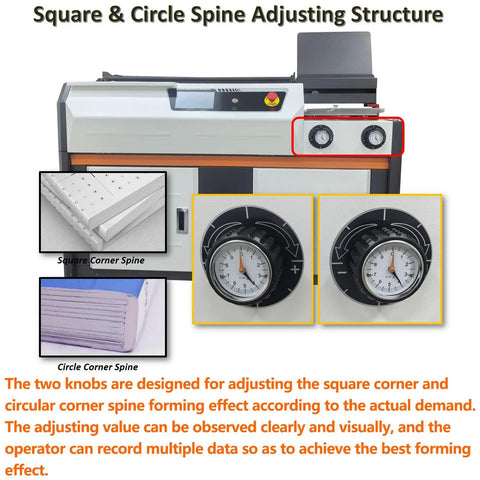 Auto Book Binding Machine A4 With 7 Inch Touch Screen Side Glued Binder showing spine adjusting knobs and corner spines