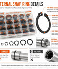 555-Piece External Snap Ring Kit With 19 Metric Sizes M3 Through M28 For Grooved Shafts shown in an organized container
