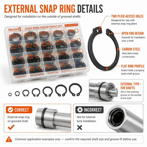 555-Piece External Snap Ring Kit With 19 Metric Sizes M3 Through M28 For Grooved Shafts shown in an organized container