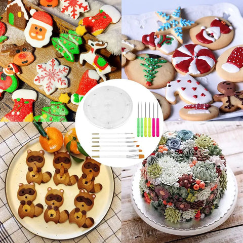 Level Up Your Baking Game With This Nifty 8 Inch Acrylic Cookie Decorating Turntable Kit Featuring Six Sturdy Brushes And Six Precision Scribe Tools For Flawless Icing And Sugar Craft Designs, displayed with decorated cookies and tools.