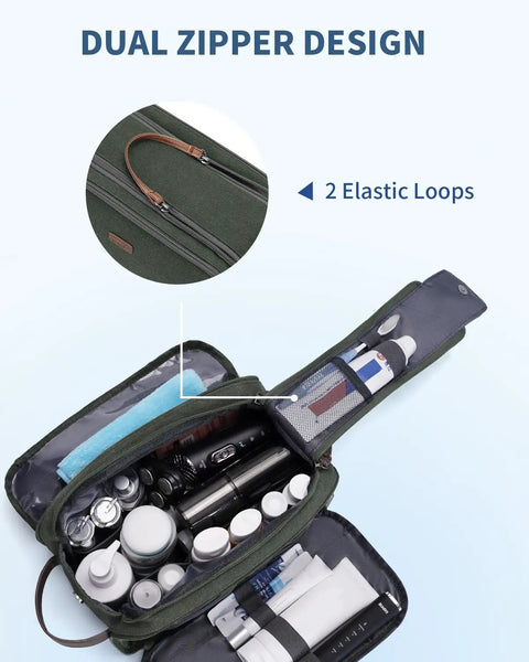 Mens Travel Toiletry Organizer Bag With Canvas And Leather Dopp Kit Water Resistant Shaving Case Open View With Contents