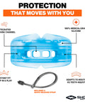 Braces Mouth Guard With Helmet Strap For Football, Upper And Lower Teeth Protection shown with silicone material and features