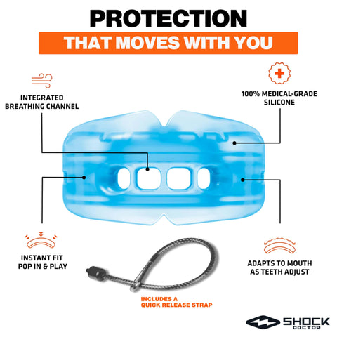 Braces Mouth Guard With Helmet Strap For Football, Upper And Lower Teeth Protection shown with silicone material and features
