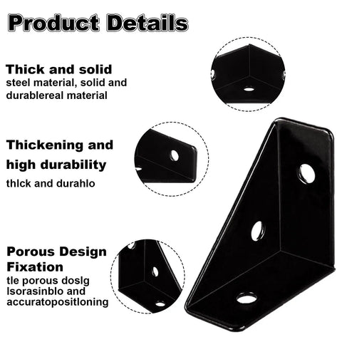 Close-up of heavy-duty black metal L brace, thick stainless steel corner bracket for wood furniture assembly.