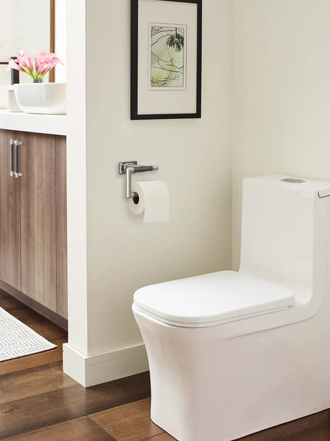 Polished Nickel And Gunmetal Single Post Toilet Paper Holder For Mega Rolls, Five Point Seven Eight Inch Length in bathroom.
