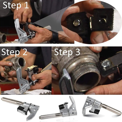 Universal Outside Thread Chaser Repair Tool Kit For Pipes And Tubing From One And A Quarter Inch To Five Inch OD With 216884 Standard Thread Six Dies Set used in three-step repair process.