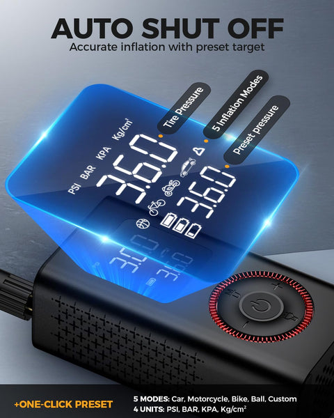 Digital display on Pocket Sized Tire Inflator Air Compressor With Type C Charging Digital Pressure Gauge And LED Light