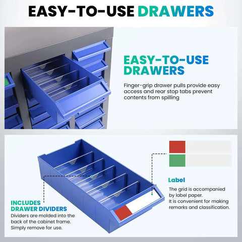 Close-up of blue drawers with dividers in 75 Drawer Parts Cabinet With Alloy Steel Frame For Heavy Duty Bolt And Nut Tool Organization