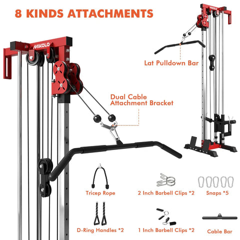 Wall Mount Cable Crossover Machine With Dual Pulleys And 19 Adjustable Positions For Home Gym Fitness Equipment Red shown with 8 attachments