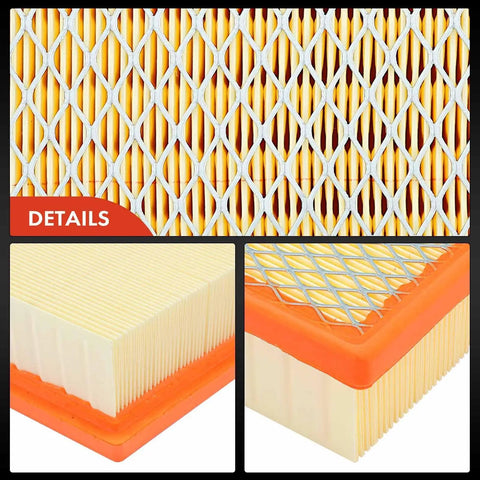Close-up of Engine Air Filter For Ford F150 2009 Through 2023 Expedition 2007 Through 2023 F250 Through 550 Super Duty 2008 Through 2016 And Navigator 2007 Through 2023 Replacement For Peak Airflow, showcasing pleated filter paper and orange rubber edges.